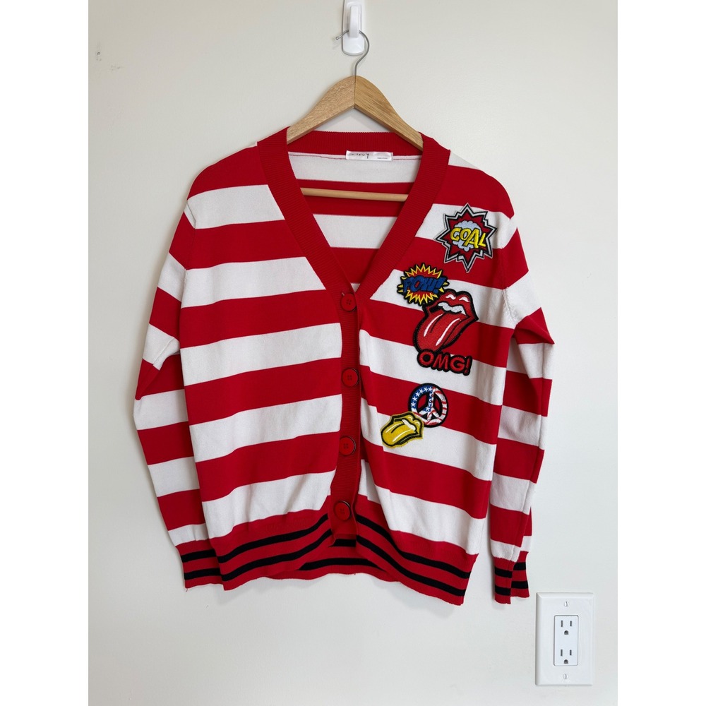 Viewy Striped Graphic Patch Cardigan Red White Unisex Medium Pop Art